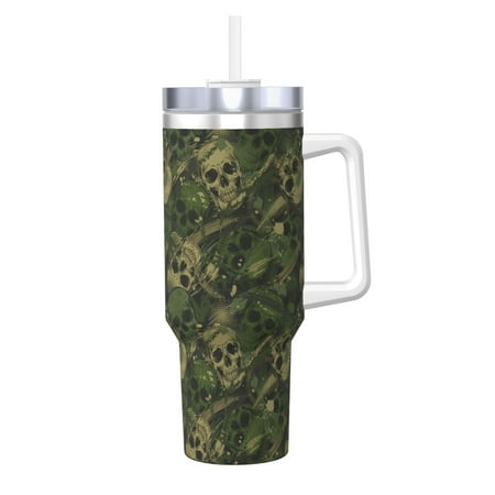 

Sikiie Green Camouflage Skull Insulated Stainless Water Bottle Lid Travel Mug Cup Insulated Tumblers Cup 40oz Ice Bully With Handle