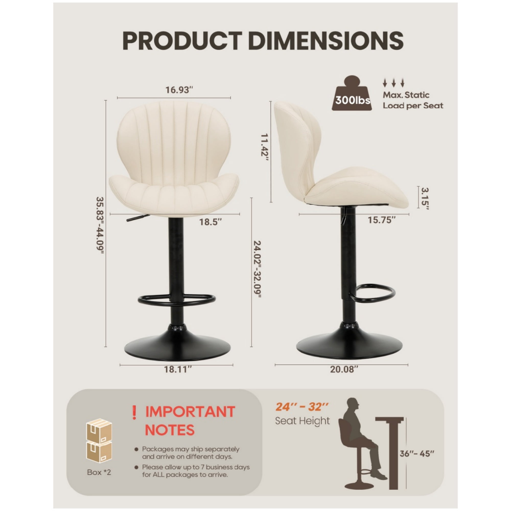 EOP Swivel Bar Stools Set of 4, Modern Upholstered Adjustable Height Counter Stools with Footrest, Faux Leather Upholstered BarStools with Metal Frame, Bar Chairs with Backrest, Beige