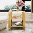 thumbnail image 2 of GZXS Modern Black Glass Side Table with Gold Metal Legs, Square 2-Tier End Table with Lower Shelf, Compact Accent Table, 19.9"L x 19.9"W x 21.9"H, 2 of 9