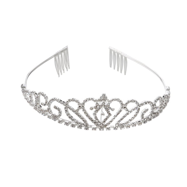Wedding Bridal Rhinestone Tiara / Crown / Hairband / Hair Loop with Small Comb in silver. This headband-style tiara features a delicate design with rhinestones arranged in intricate patterns, giving it a diamond-like appearance. Made from alloy and rhinestone, it has a circumference of approximately 15.4 inches and a crown size of 7.76 x 1.34 inches. The small combs on the edges ensure a secure fit, making it suitable for weddings, engagements, and parties.