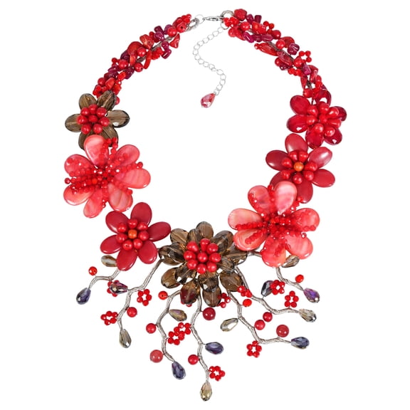 Gorgeous Red Flower Garden Mixed Seashell and Red Coral Statement Necklace