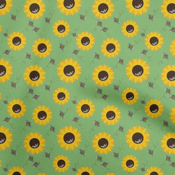 oneOone Cotton Poplin Twill Green Fabric Floral Sunflower With Honey Bees Fabric For Sewing Printed Craft Fabric By The Yard 56 Inch Wide