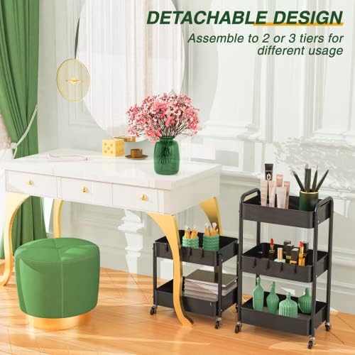 3 Tier Rolling Storage Cart, Metal Trolley Utility Cart with Wheels & Hooks, Easy Assembly Organizer Storage Cart for Bathroom Kitchen Office Bedroom Black