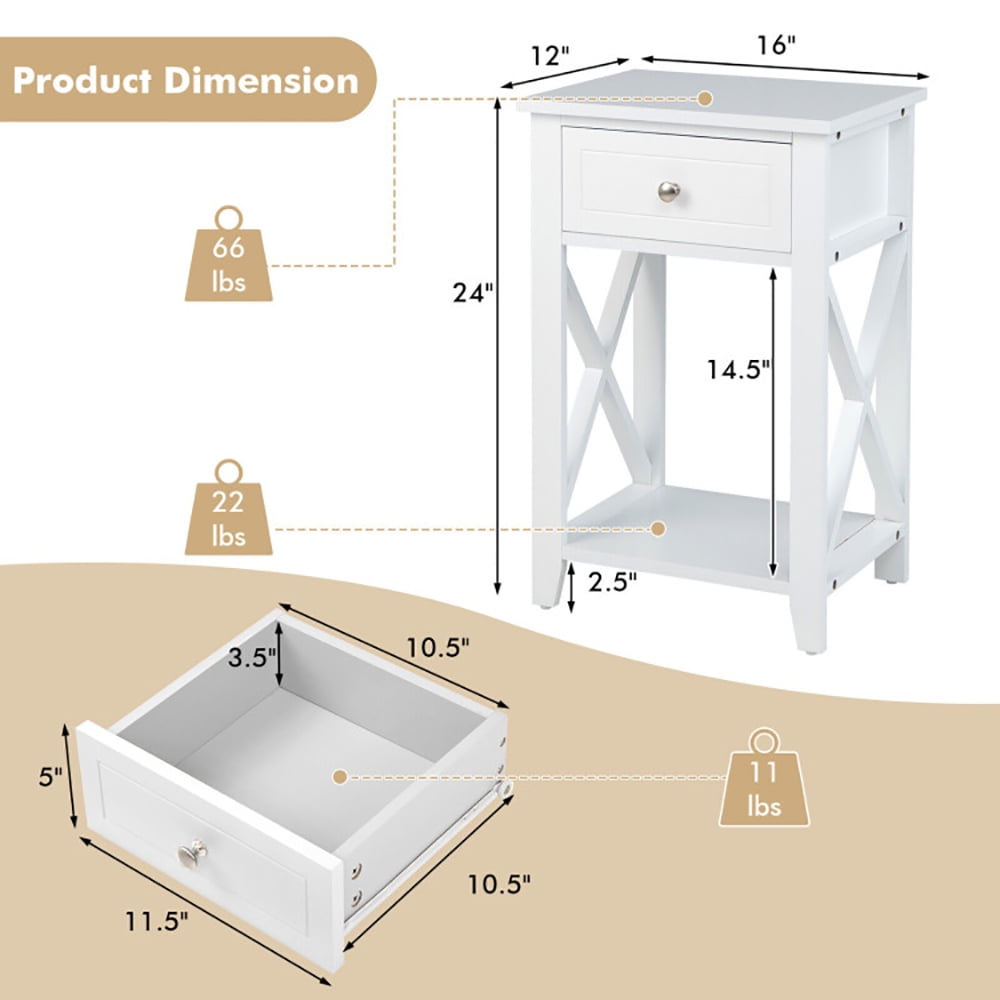 Finihen End Table, Nightstand, Bedside Storage Nightstand with Drawer and Bottom Shelf, Sofa Side Table, Bed Side Table, for Living Room, Bedroom, White Finihen End Table, Nightstand, Bedside Storage Nightstand with Drawer and Bottom Shelf, Sofa Side Table, Bed Side Table, for Living Room, Bedroom, White