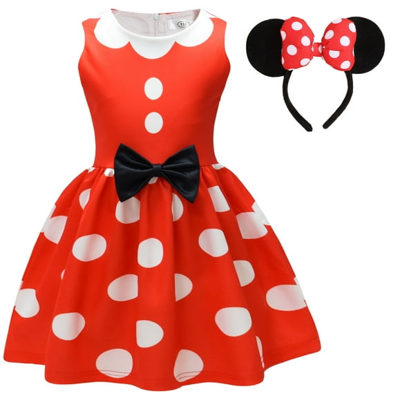 Girls Mini Mouse Costume w/Headband Halloween Polka Dots Birthday Bowknot Dress, Size 3-4T