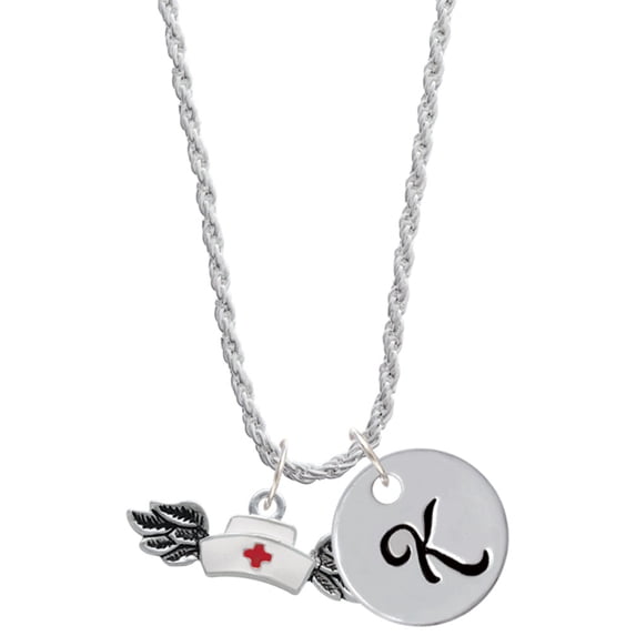 Delight Jewelry Silvertone Enamel Nurse Hat with Wings Silvertone Script Initial Disc - K - Charm Necklace, 20"+3"