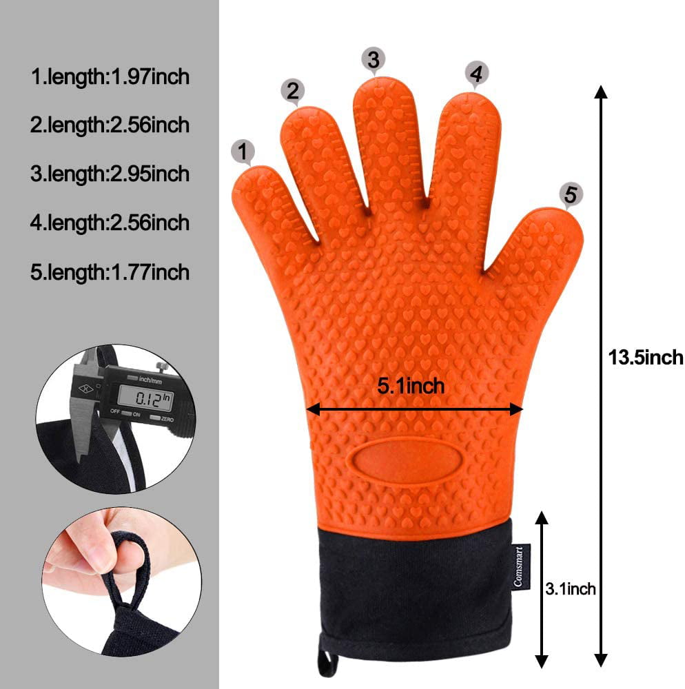 Baking Cooking Oven Gloves Heat Resistant Cooking Gloves Silicone Grilling Gloves Long Waterproof BBQ Kitchen Oven Mitts with Inner Cotton Layer for Barbecue Red 