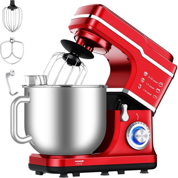 7.5qt stand food mixer - 10-speed tilt-head 3-in-1 kitchen electric mixer con stainless-steel bowl, egg whisk, dough hook, beater, splash guard - compact dough mixer para home cooks (red)