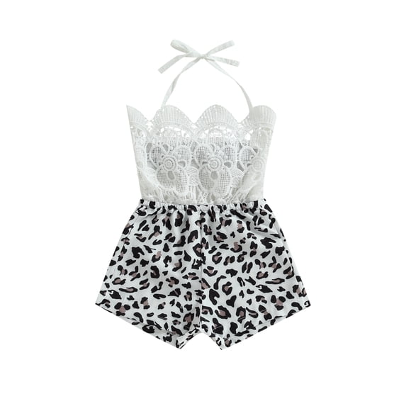 Wassery Baby Girls Short Jumpsuit Sleeveless Tie-up Halterneck Leopard Print Patchwork Summer Bodysuit