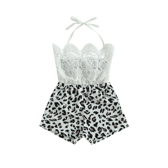 Wassery Baby Girls Short Jumpsuit Sleeveless Tie-up Halterneck Leopard Print Patchwork Summer Bodysuit
