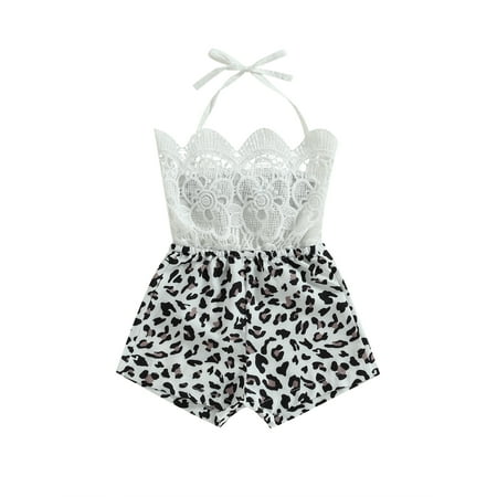 

Wassery Baby Girls Short Jumpsuit Sleeveless Tie-up Halterneck Leopard Print Patchwork Summer Bodysuit
