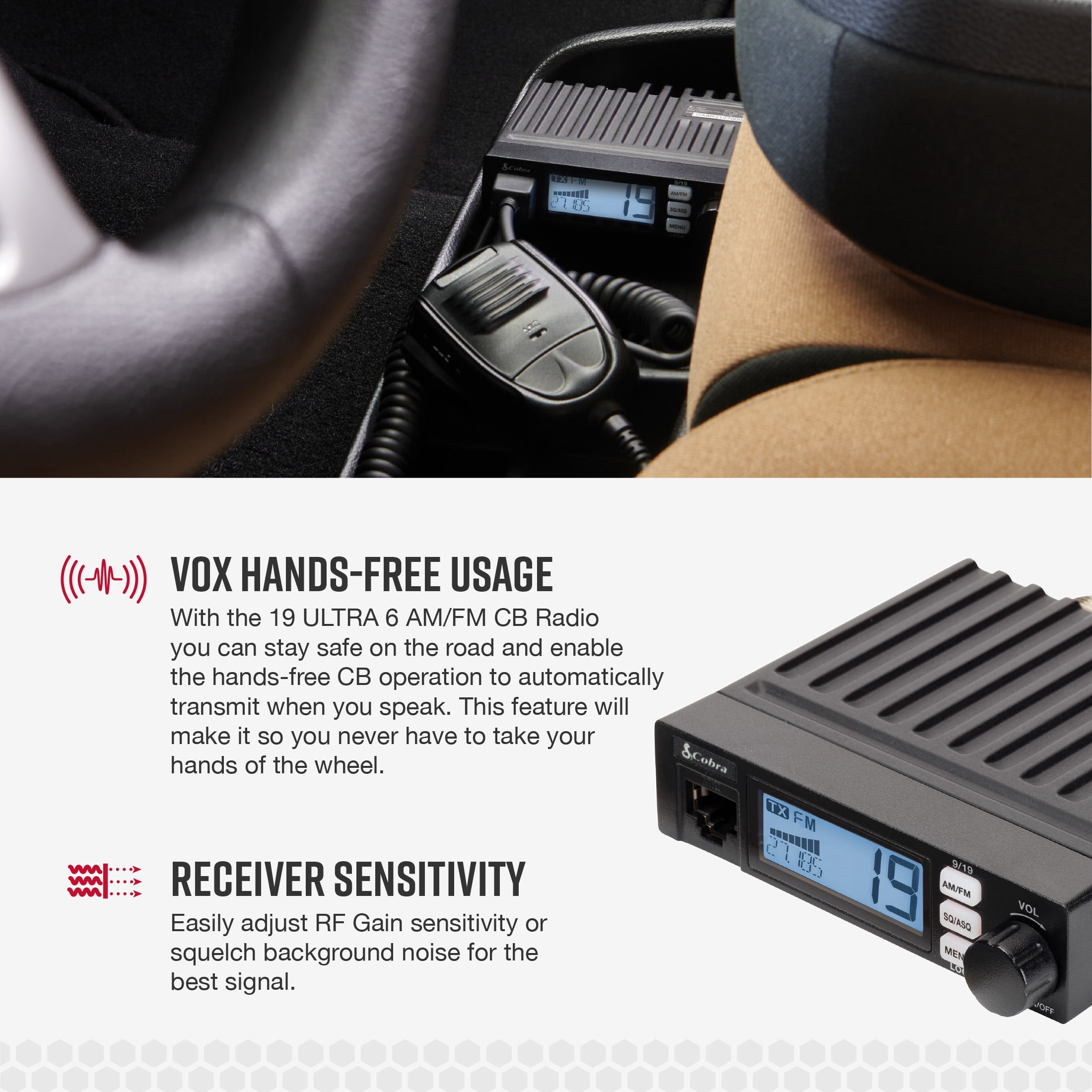 Cobra Cobra 19 Ultra 6 AM/FM CB Radio, Ultra-Compact 40-Channel Recreational Mobile Radio with LCD Display & VOX