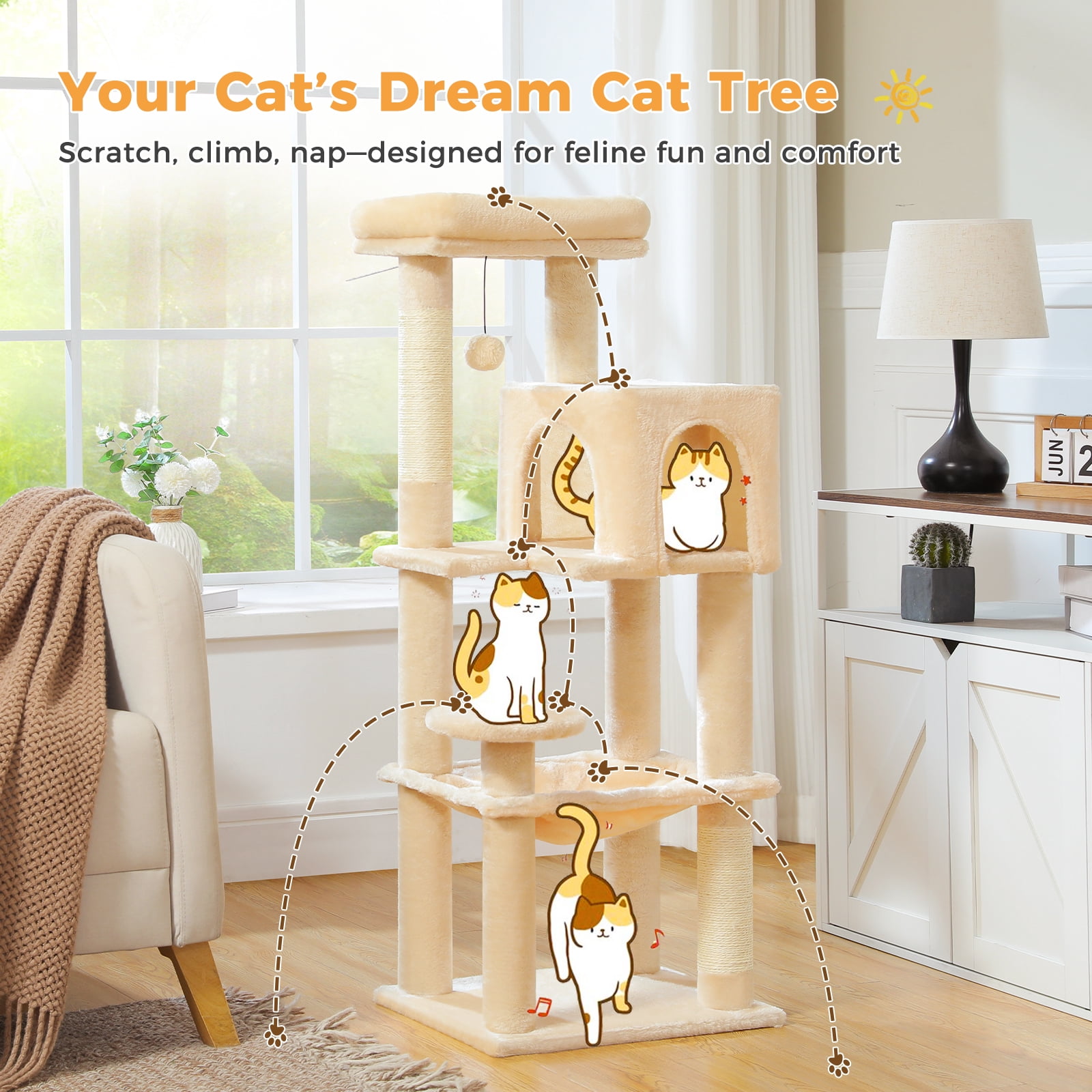 PAWZ Road Cat Tree Condo 46”with Sisal Covered Scratching Posts Tower Deep Hammock and Large Perch for Small Cats, Beige