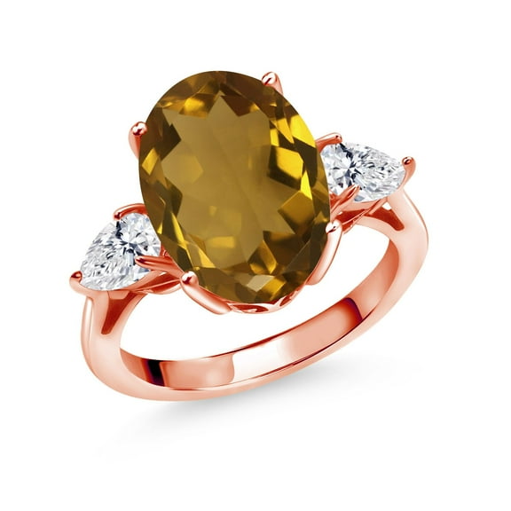 Gem Stone King 18K Rose Gold Plated Silver Whiskey Quartz and Lab Grown Diamond Engagement Ring for Women | 5.70 Cttw | Oval 14X10MM | Gemstone Birthstone | Size 9
