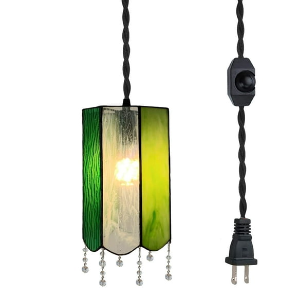 FSLiving Hanging Swag Lamp Rustic Industrial Pendant Light with 15ft Plug-in UL Dimmable Black Cord Iron E12 Socket Tiffany Green Dome Glass Lamp Shade for Corner Lighting,Customizable - 1 Light