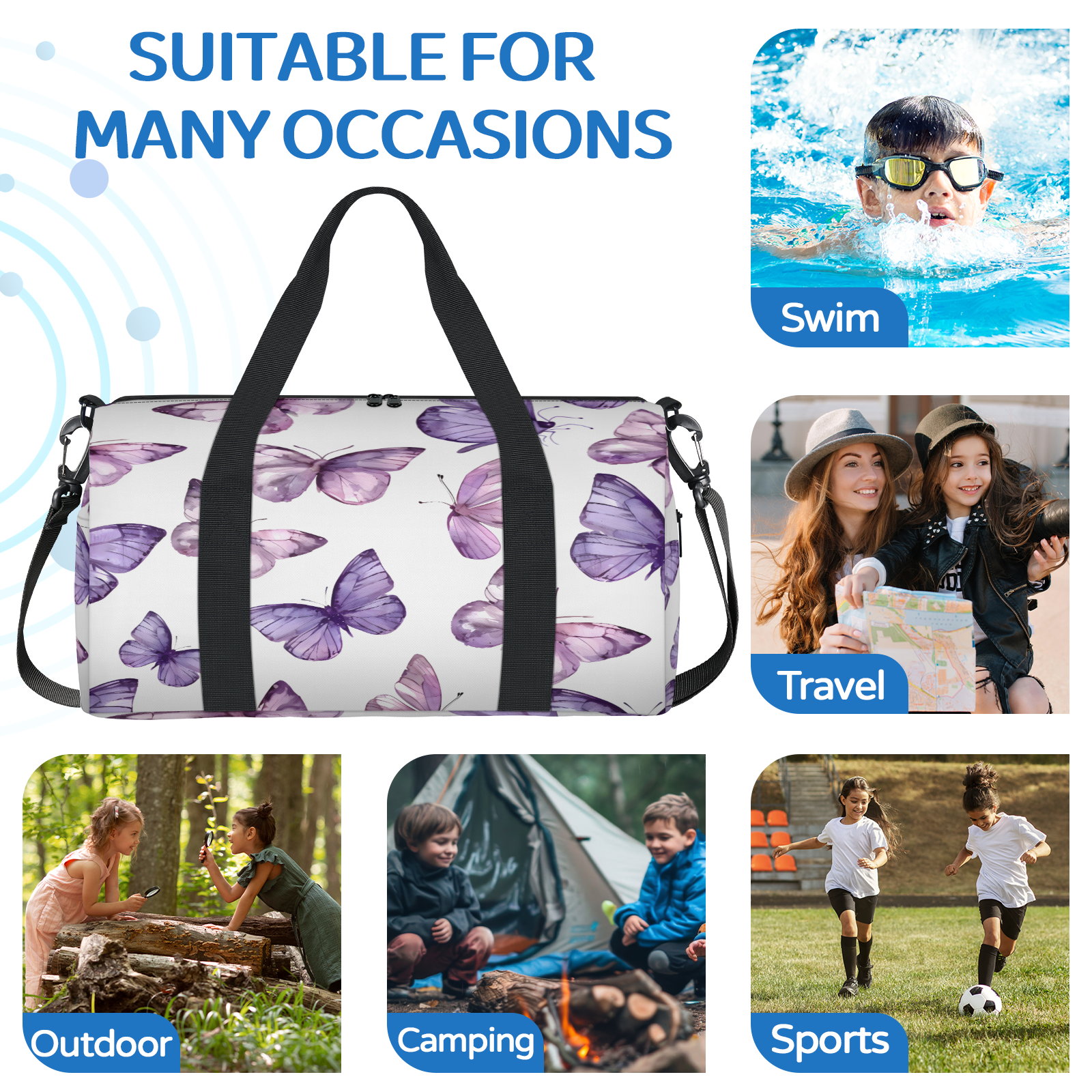 Herdesigns Butterfly Travel Duffle Bag Sports Yoga Weekender Overnight Carry on Workout Bags Lightweight Waterproof Gym Tote Bag for Women
