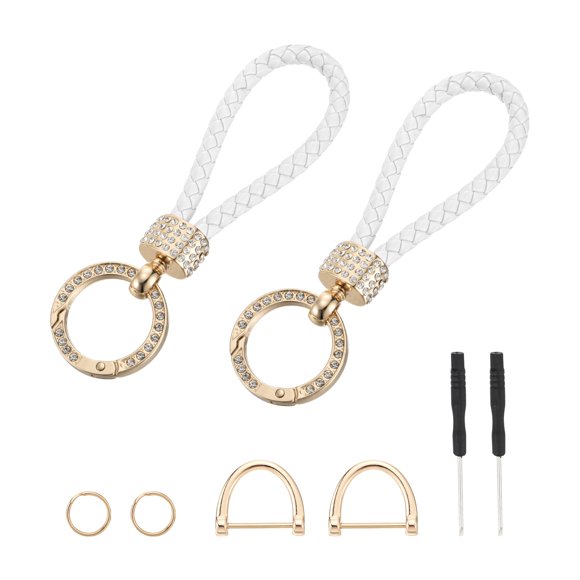 Porte-clés Tressé Anneau Corde Tressée Cuir Porte-Clés avec Anneau en D Rotatif et Tournevis Blanc/or 2