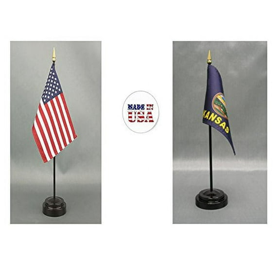 Made in The USA. 1 American and 1 Kansas 4"x6" Miniature Desk & Table Flag, Includes 2 Flag Stands & 2 Small Mini Stick Flags