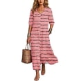 thumbnail image 4 of Ayolanni 3/4 Sleeve Dresses for Women 2026 Striped Side Slit Button Down V-Neck Maxi A-Line Dress Party Vacation Casual Sundress with Pockets Pink L, 4 of 7