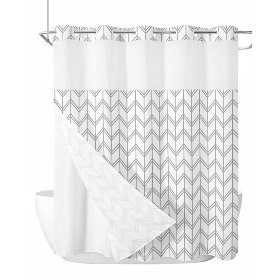 No Hook Shower Curtain with Snap-in Liner, Boho Gray Waterproof Fabric Bathroom Curtains, White Chevron Stripes Abstract Geometric Bath Curtains & Mesh Top Window Stand Up Stall Standard 72''x72''