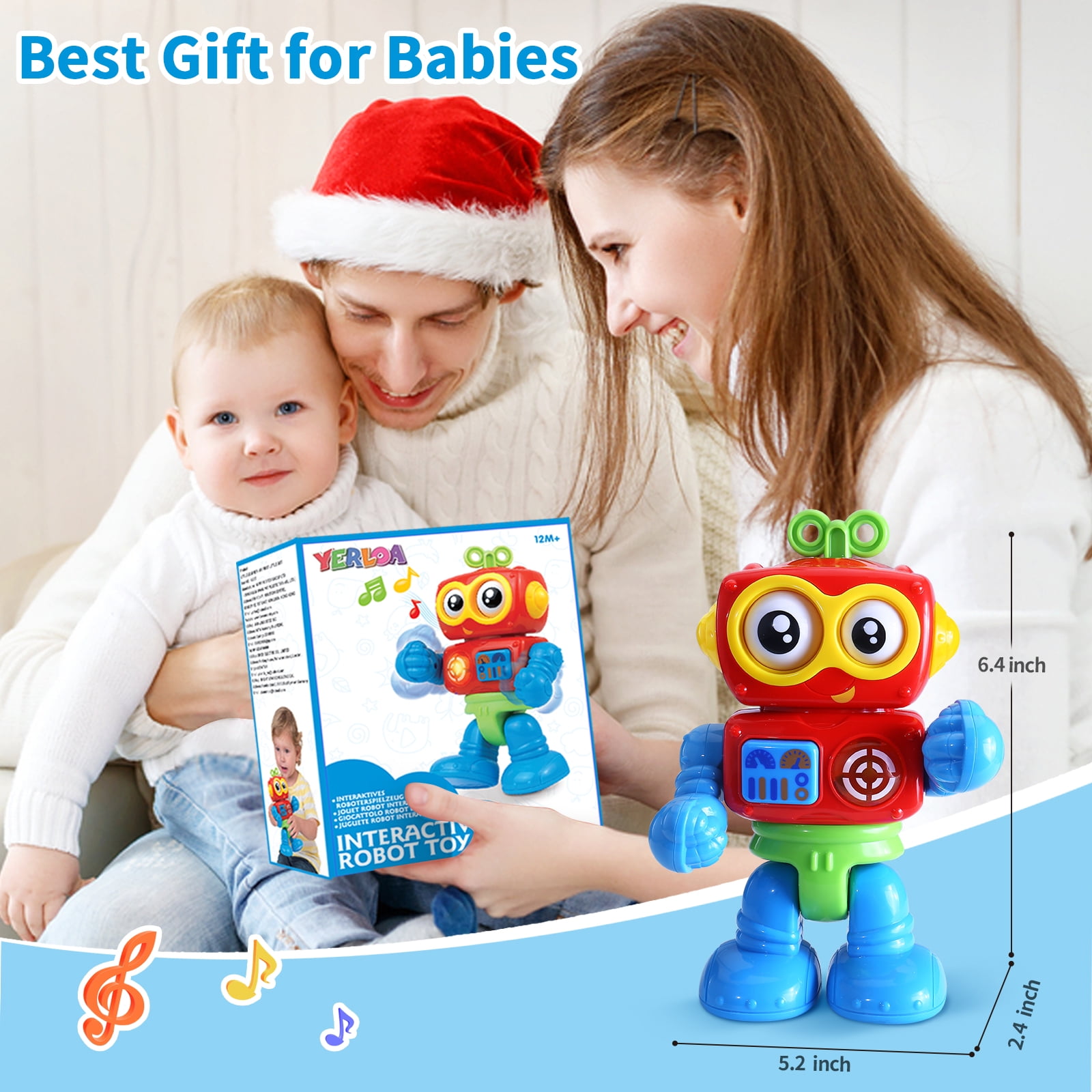 Yerloa Robot Toys for 1 Year Old Boys Girls Birthday Gift, Baby Toys 6-12 Months, Musical Light Up Tummy Time Infant Toys 3-6 12-18 Months, Interactive Sensory Toys for 1-2 Year Old Fine Motor Skills