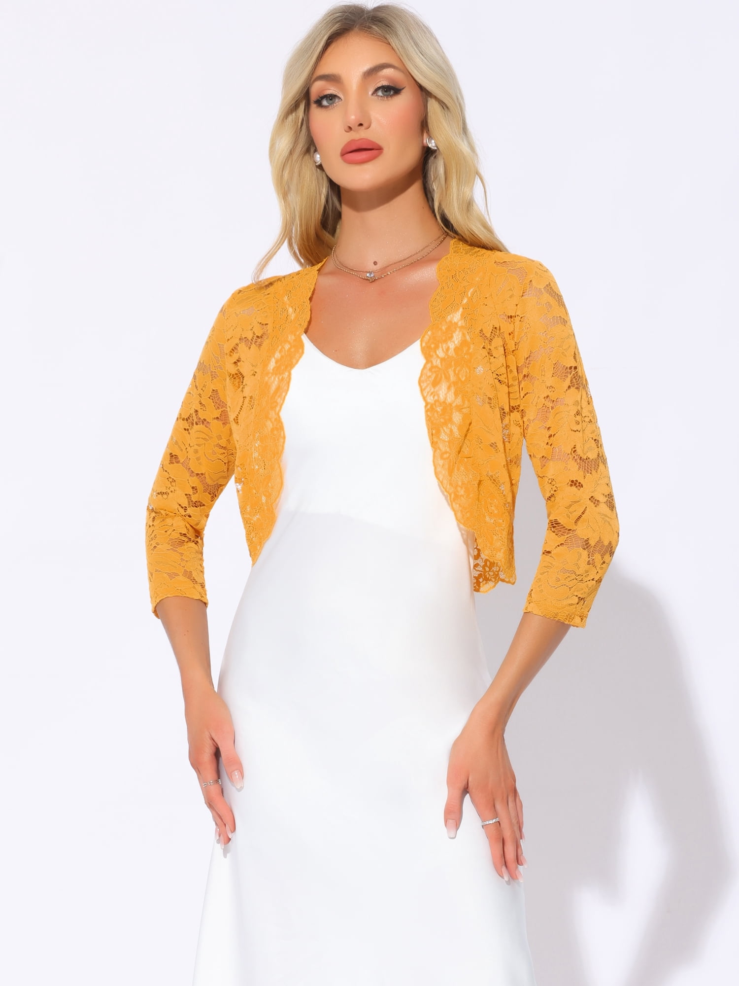 DARING DIVA 3/4 Sleeve Sheer Floral Lace Shrug Top XS Yellow