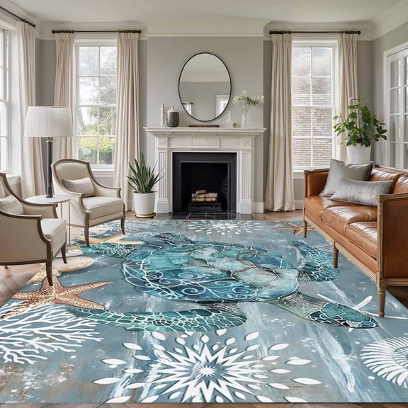 8x10 Area Rugs for Living Room, Coastal Turtle Non Slip Area Rugs for Kitchen Bedroom Entryway, Summer Nautical Teal Beach Starfish Coral Washable Carpet Runner Rug Floor Mats for Bedroom Home Decor