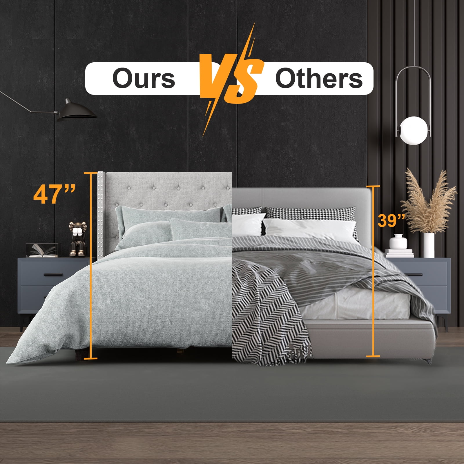 Nathaniel Home, Queen Bed Frames Upgrade, Linen Upholstered Platform Bed, Diamond Beds Frame for Bedroom, with Fabric Button Tufted Headboard, Gray