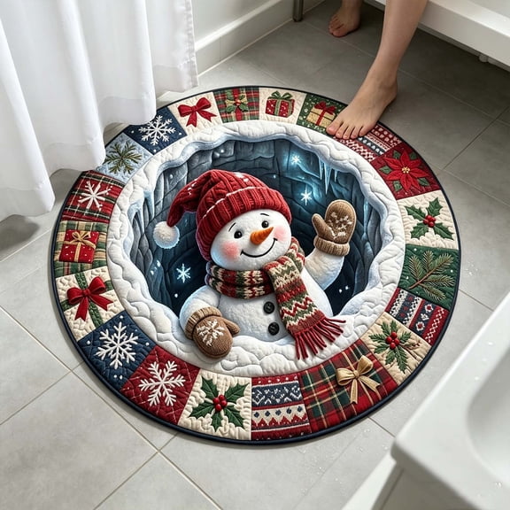 Round Christmas Area Rug, Festive 2D Optical Holiday Floor Mat with Santa, Snowman or Ornament Print, Seasonal Decor for Living Room, Bedroom, Entryway and Party, Style D