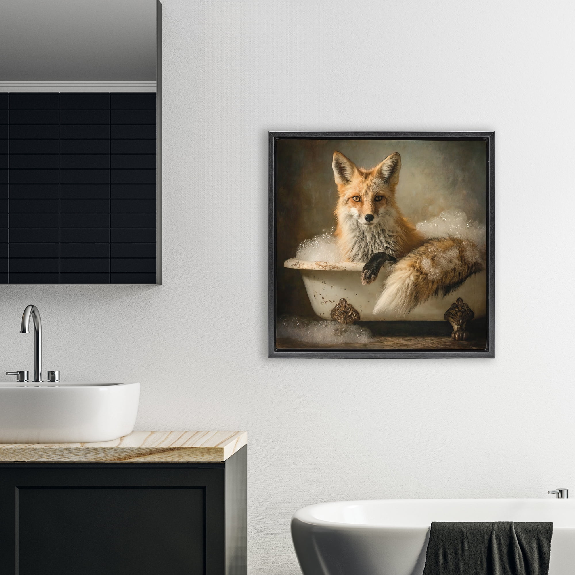 Stupell Industries Red Fox Bubble Bath Black Framed Floater Canvas Wall Art, design by Tina LeCour