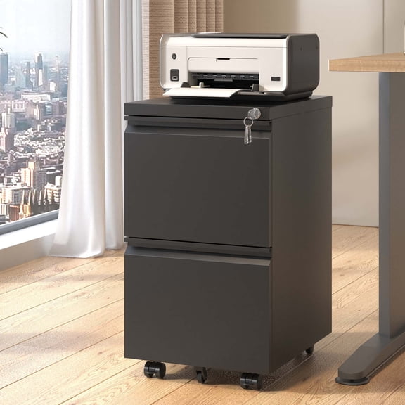 IKIMI 2 Drawer Mobile File Cabinet White Under Desk Vertical File Cabinet with Lock Metal Filing Cabinet on Wheels Office Rolling Storage Cabinets for Legal/Letter/A4 File Fully Assembled-Black