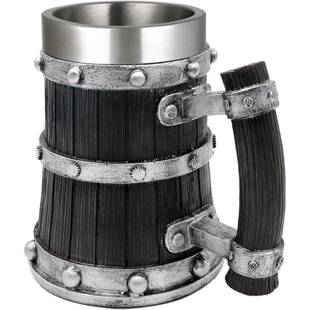 Medieval Viking Wood Beer-Tankard Mug - 21oz Norse Stainless Steel Cup Viking Gifts Coffee/Beer Mug for Men Nordic Decor
