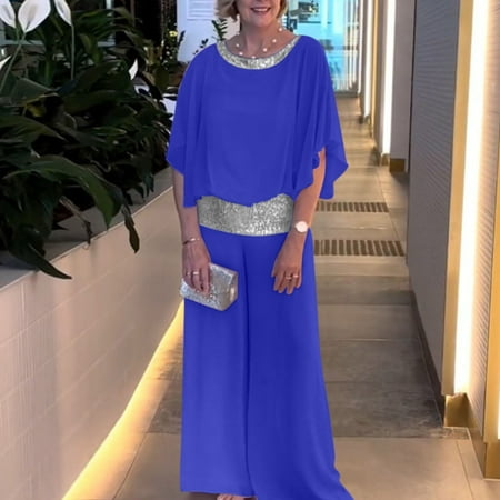 2 Piece Outfit for Women Women s Fashion Solid Color Round Neck Sequin Patchwork Short Sleeve Top Wide Leg Pants Set 2 Piece Sets for Women Kagetolytai Blue L