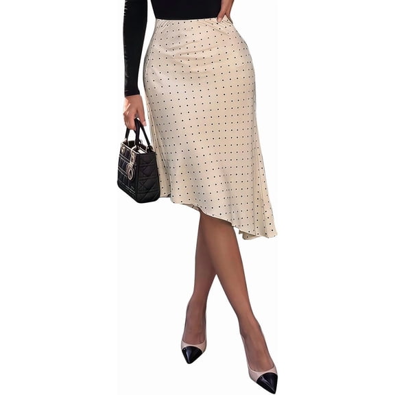 HIOK Womens Polka Dot Silk Satin Midi Skirt Asymmetrical Hem Flowy Skirts | Elastic High Waisted Long Skirts, Lightweight, Cocktail, Wedding, Graduation, Party, Going Out, Date Night, Fall Outfits