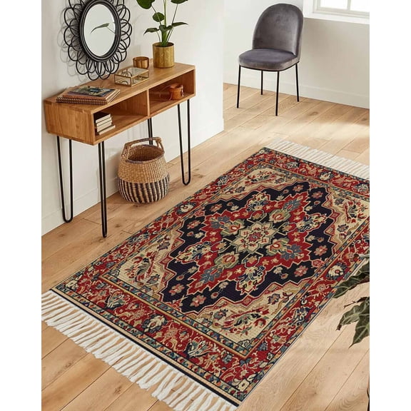 Red Boho Area Rug 3x5ft Woven Runner Rug,Contemporary Abstract Ethnic Retro Geometric Washable Living Room Hallway Bedroom Kitchen Carpet with Tassels,Indoor Outdoor Throw Door Mat for Entryway