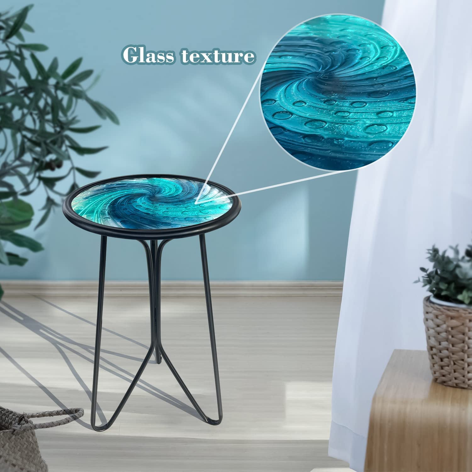 Liffy Blue Vortex Glass Side Table, 12" Round End Table, Plant Stand for Patio, Living Room