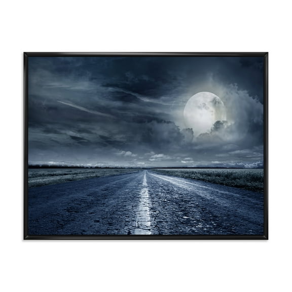 Designart 'Cloudy Full Moon Over Asphalt Road II' Nautical & Coastal Framed Canvas Wall Art Print