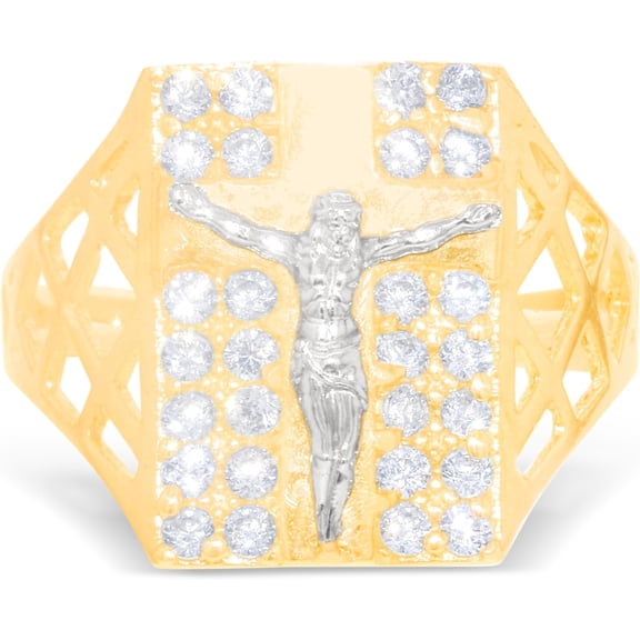 Floreo 10k Yellow Gold 17mm Two-Tone Jesus Cross Crucifix CZ Openwork Men's Ring, Sizes 5 - 13