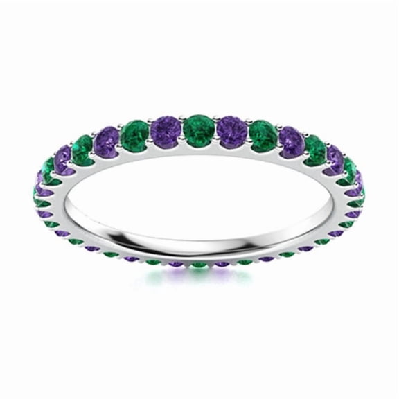 925 Sterling Silver Full Eternity 2MM Round Amethyst & Emerald Ring For Women