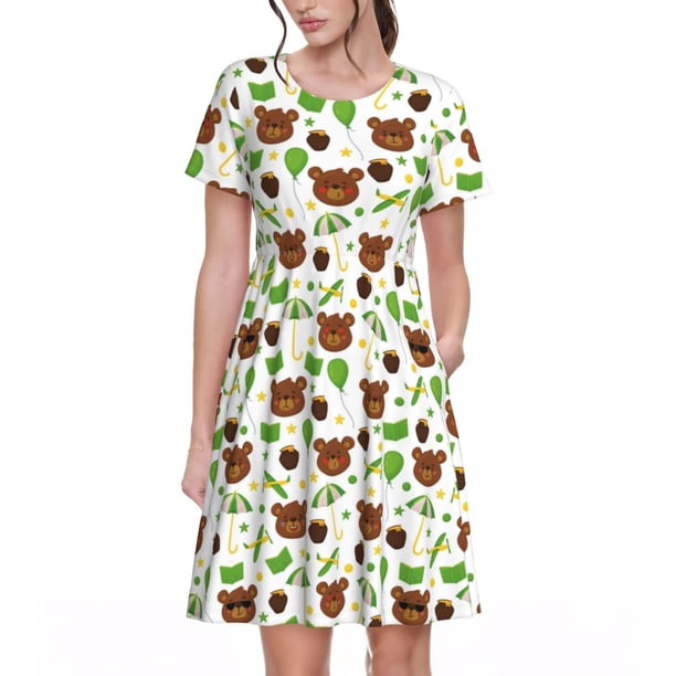Balery Cute Bear Vestidos sueltos de manga corta para mujer, vestidos de verano 2025, vestidos casuales de corte A con vuelo.