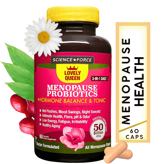 Lovely Queen Menopause Relief   Hormone Balance, Hot Flashes, Mood Swings, Night Sweats   Vaginal Health, Odor, pH & Dryness, 3-in-1 Women Supplement, 50 Billion CFU, 60 ct
