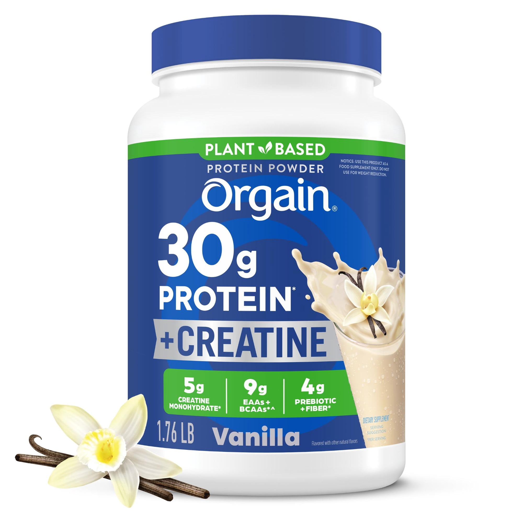 Orgain 30g Vegan Protein + 5g Creatine Powder, Vanilla, 4g Fiber, Muscle Support, 1.76lb