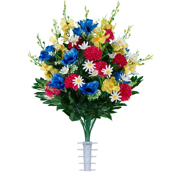 Sympathy Silks Artificial Cemetery Flowers, Blue Anemone Garden Mix, Vase Bouquet
