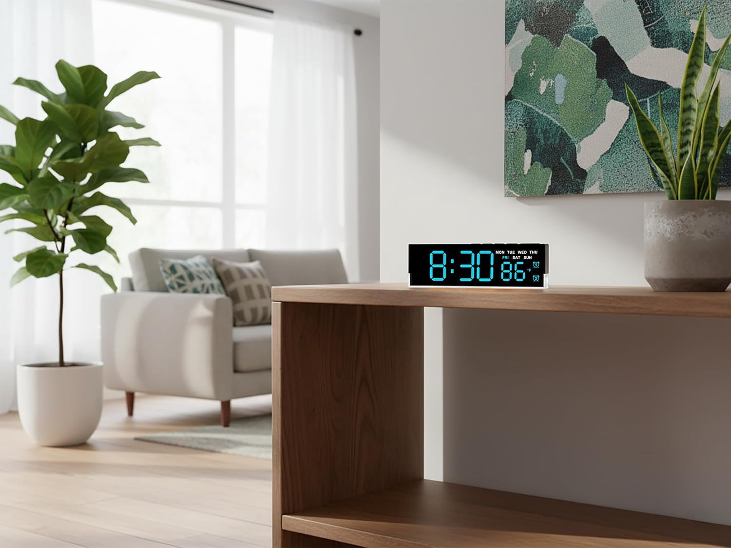 7-Inch LED Digital Alarm Clock with Bottom Glow Light｜Displays Time, Date, Day, Temperature｜Dual Alarms, DST, Auto/Manual 3-Level Brightness, Battery or USB Powered Desk Clock,Blue
