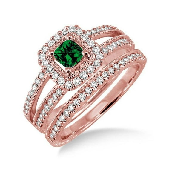 2 Carat Emerald & Diamond Antique Bridal set Halo Ring in 14k Rose Gold affordable emerald and diamond engagement ring
