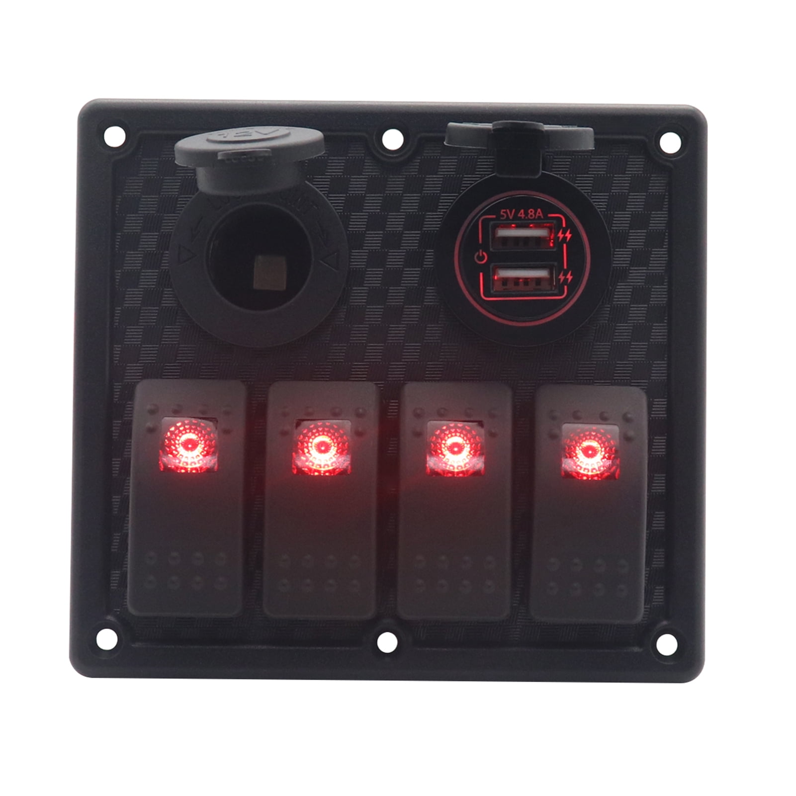 4 Gang Red LED Switch Panel with 5V 4.8A Dual USB Car & Lighter Socket