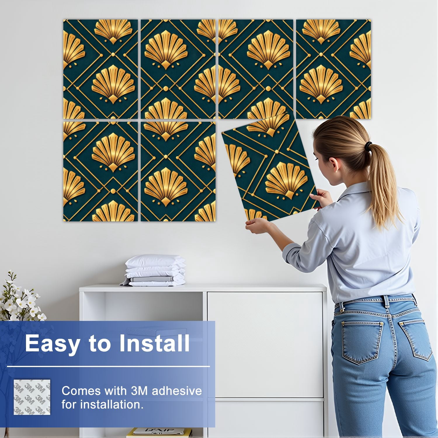 8 Pack Art Acoustic Panels Art Deco Gold Fan Dark Seamless Design Self Adhesive Absorbing Dampening Panels Self Adhesive for Nursery Game Room Bedroom 48"x32"