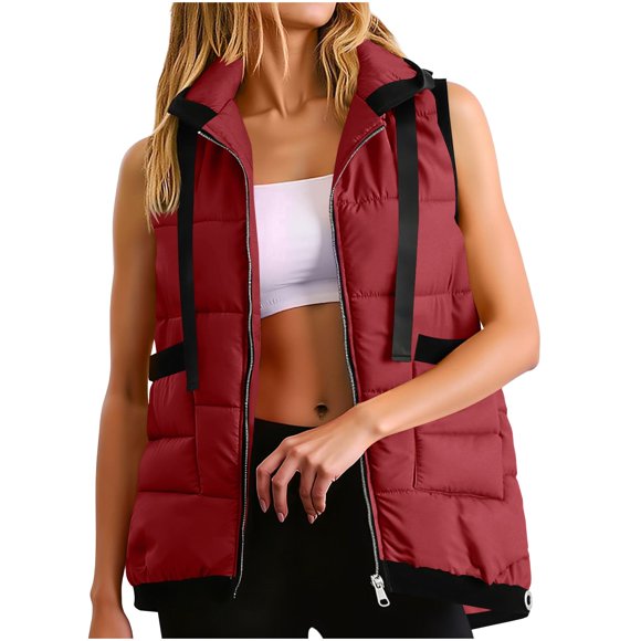 WRKEKC Women's Hooded Lightweight Zip Up Sleeveless Jacket Vest with Pocket Thickened Outerwear for Women Leisure Wear