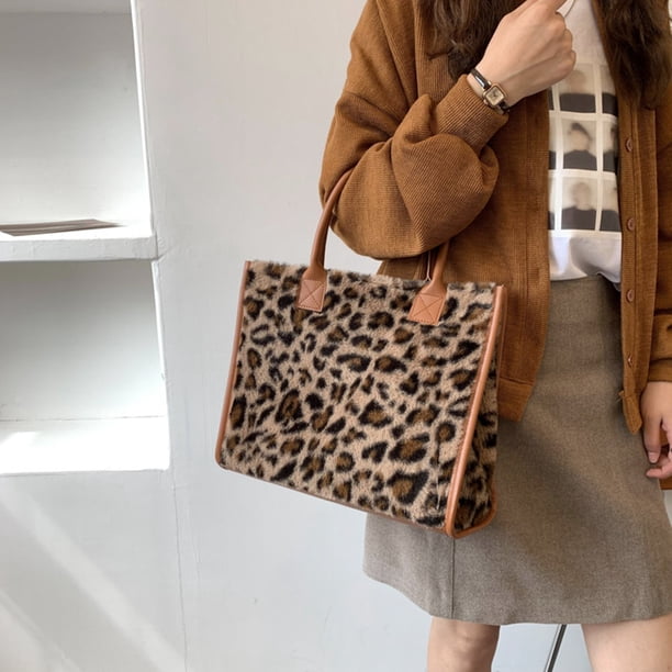 Bolso de mano retro con estampado de animales de felpa de cuero para mujer Bolsos de mano de invierno (A) Tmvgtek Para estrenar
