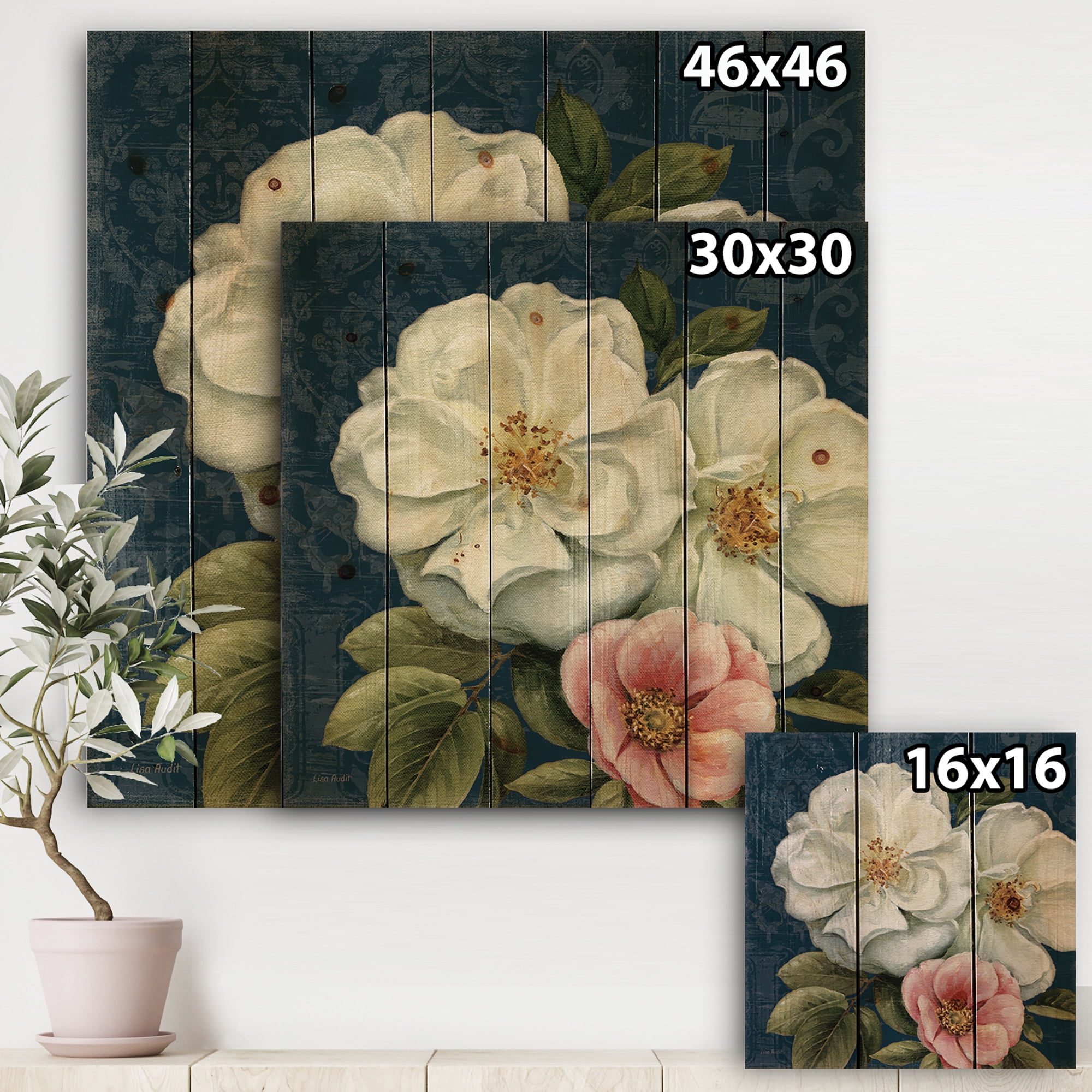 Designart 'Damask Flowers On Blue' Farmhouse Print on Natural Pine Wood